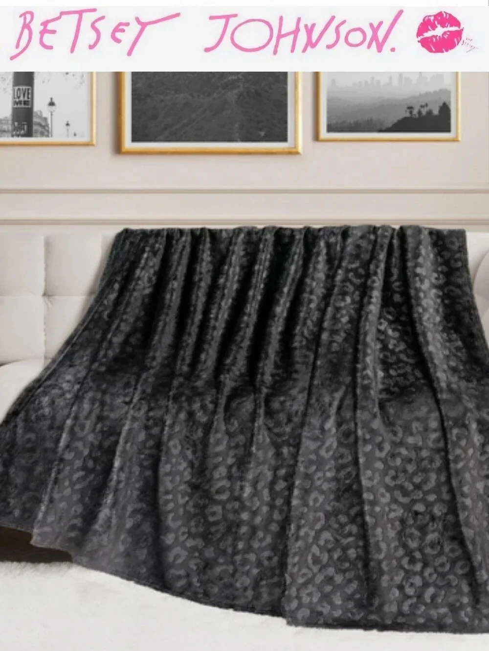Betsey Johnson Leopord Print Plush Twin Throw Blanket- Black